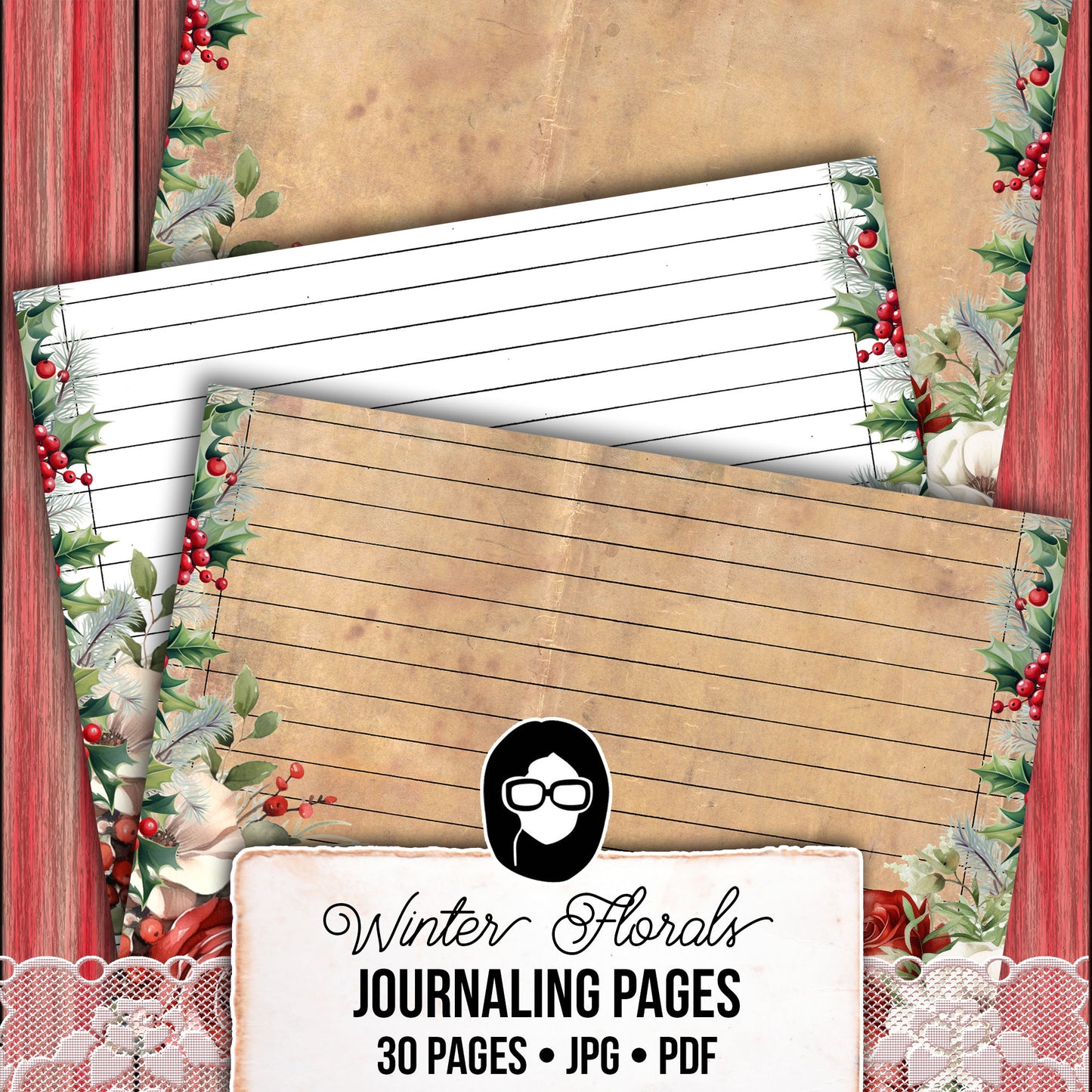 Christmas Journal Pages, Lined Journaling Papers -30pg Digital Download- Holiday Printable Paper, Christmas Flowers, Red Holly Berries,Green