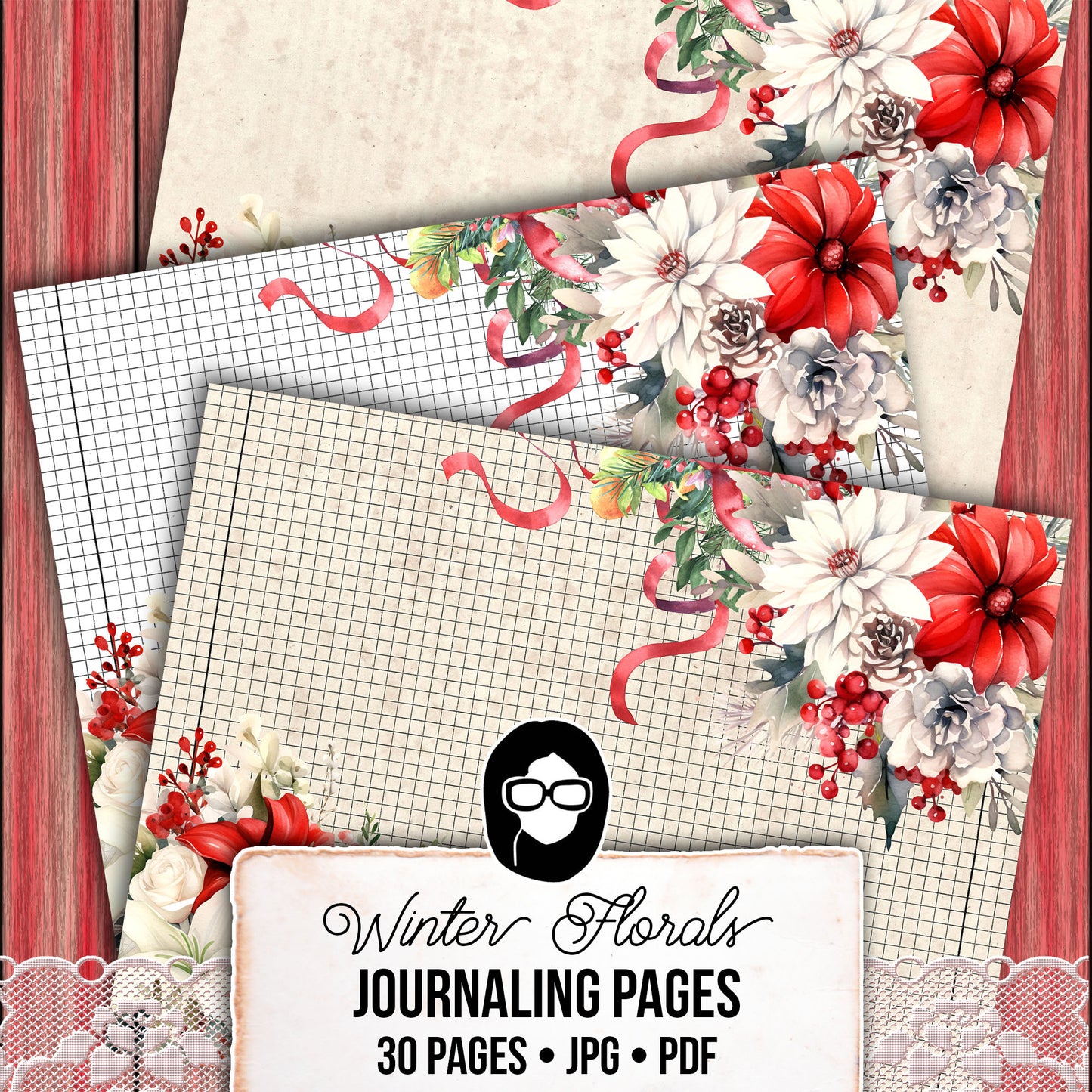 Christmas Journal Pages, Lined Journaling Papers -30pg Digital Download- Holiday Printable Paper, Christmas Flowers, Red Holly Berries,Green