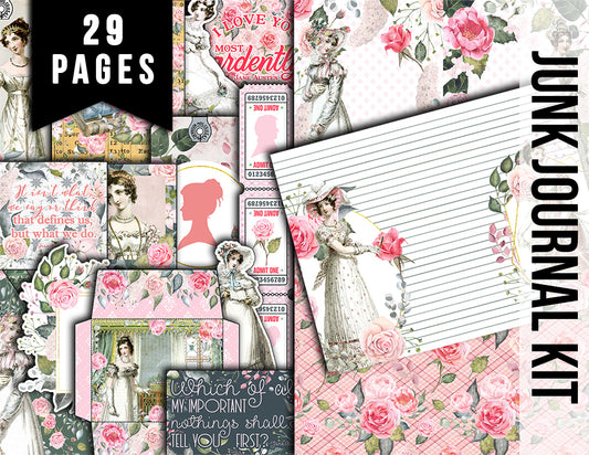 Jane Austen Junk Journal Kit, Pride And Prejudice -29pg Digital Download- Regency Ephemera, Quotes, Tags, Jars, Cards, Journaling Pages
