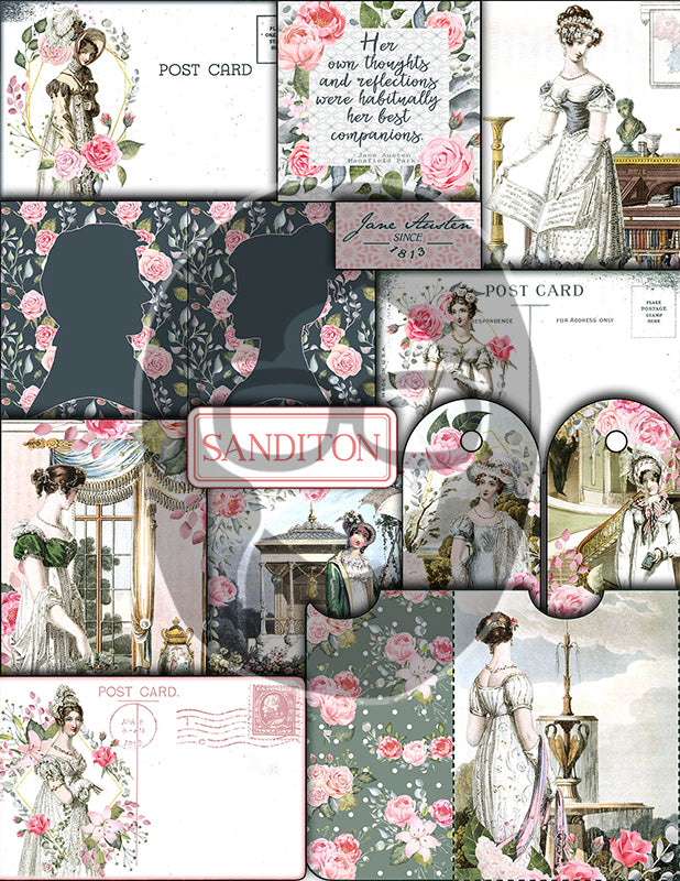 Jane Austen Junk Journal Kit, Pride And Prejudice -29pg Digital Download- Regency Ephemera, Quotes, Tags, Jars, Cards, Journaling Pages