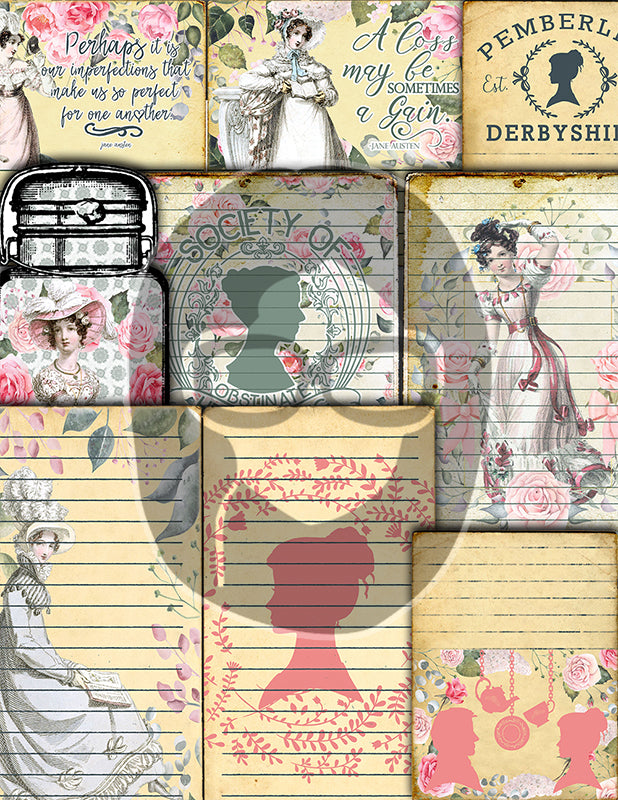 Jane Austen Junk Journal Kit, Pride And Prejudice -29pg Digital Download- Regency Ephemera, Quotes, Tags, Jars, Cards, Journaling Pages