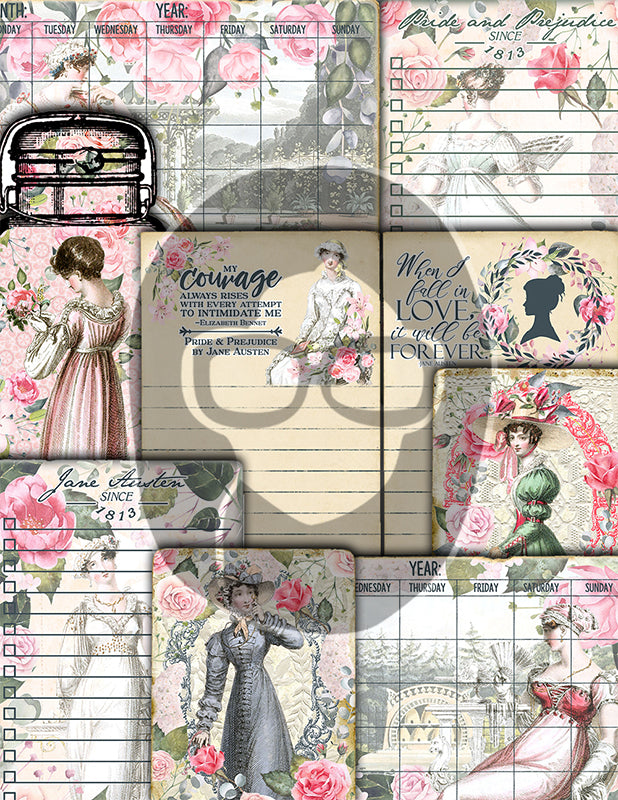 Jane Austen Junk Journal Kit, Pride And Prejudice -29pg Digital Download- Regency Ephemera, Quotes, Tags, Jars, Cards, Journaling Pages