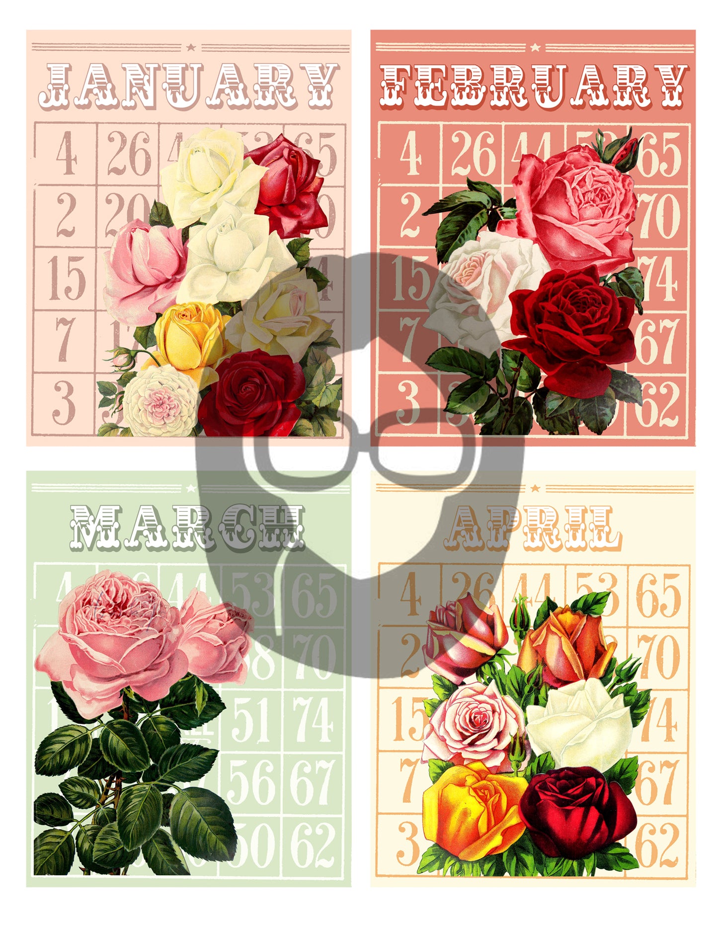 Bingo Flowers Junk Journal Cards - Months of the Year - 3 Pg Instant Download - digital roses floral junk journal supply
