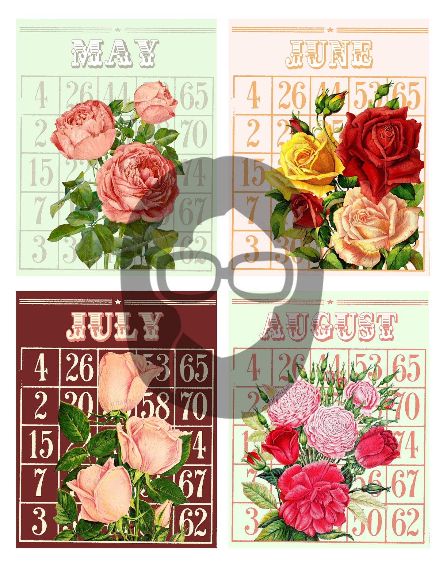 Bingo Flowers Junk Journal Cards - Months of the Year - 3 Pg Instant Download - digital roses floral junk journal supply
