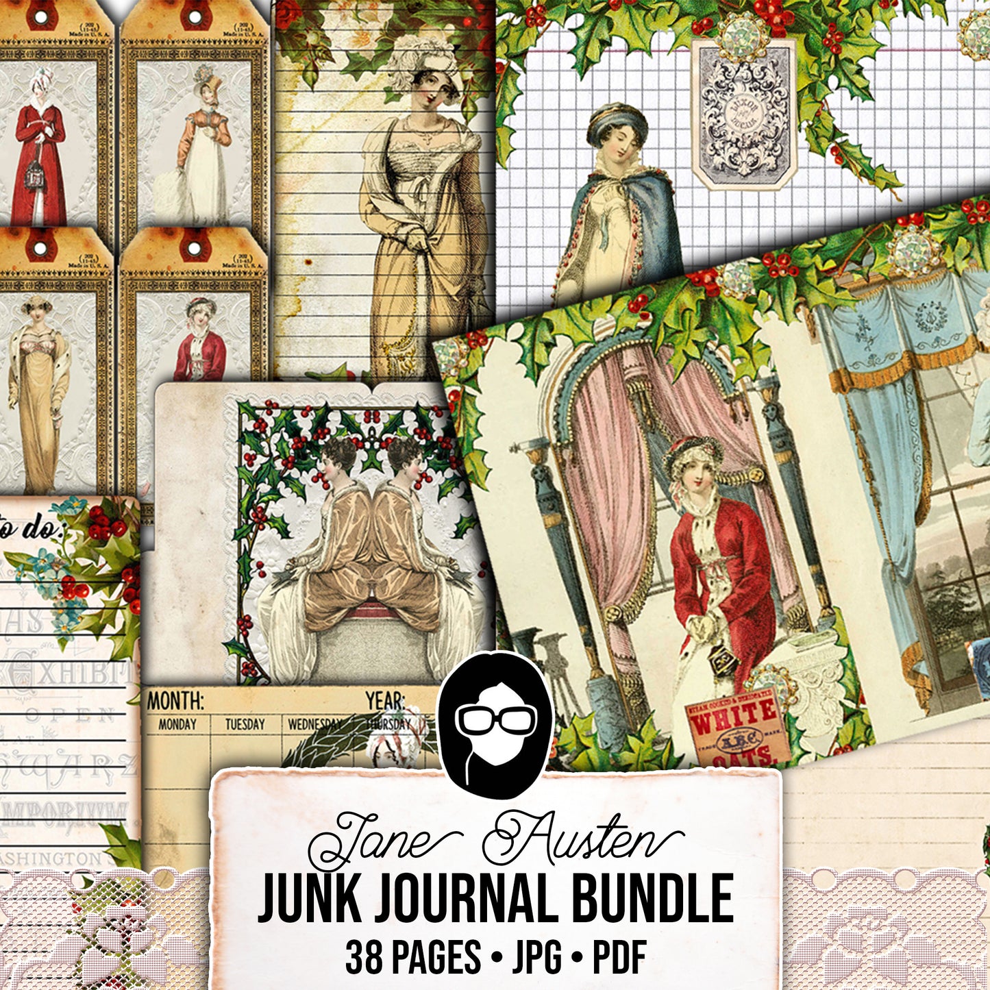 Jane Austen, Junk Journal Kit -38pg Digital Download- Vintage Christmas Journal, Pride & Prejudice, Regency Era Dress, Sense and Sensibility