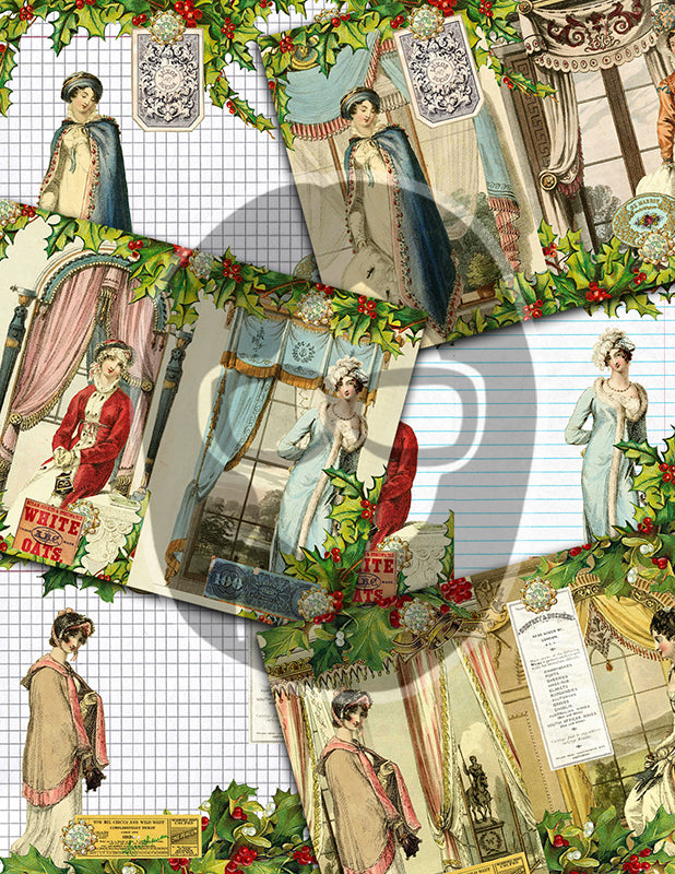 Jane Austen, Junk Journal Kit -38pg Digital Download- Vintage Christmas Journal, Pride & Prejudice, Regency Era Dress, Sense and Sensibility