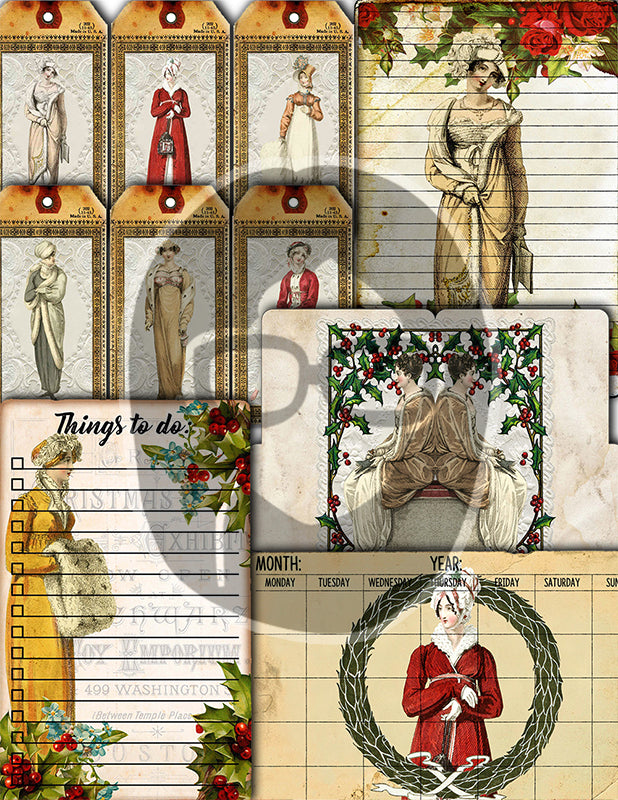 Jane Austen, Junk Journal Kit -38pg Digital Download- Vintage Christmas Journal, Pride & Prejudice, Regency Era Dress, Sense and Sensibility