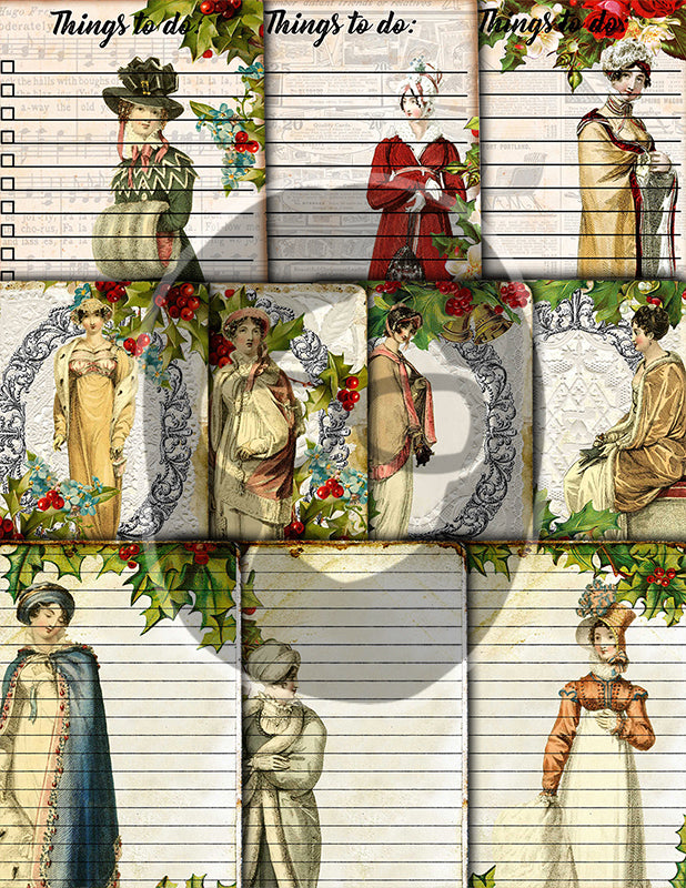 Jane Austen, Junk Journal Kit -38pg Digital Download- Vintage Christmas Journal, Pride & Prejudice, Regency Era Dress, Sense and Sensibility