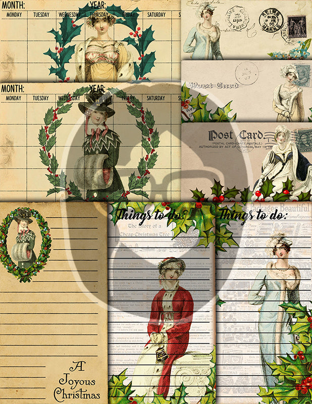 Jane Austen, Junk Journal Kit -38pg Digital Download- Vintage Christmas Journal, Pride & Prejudice, Regency Era Dress, Sense and Sensibility