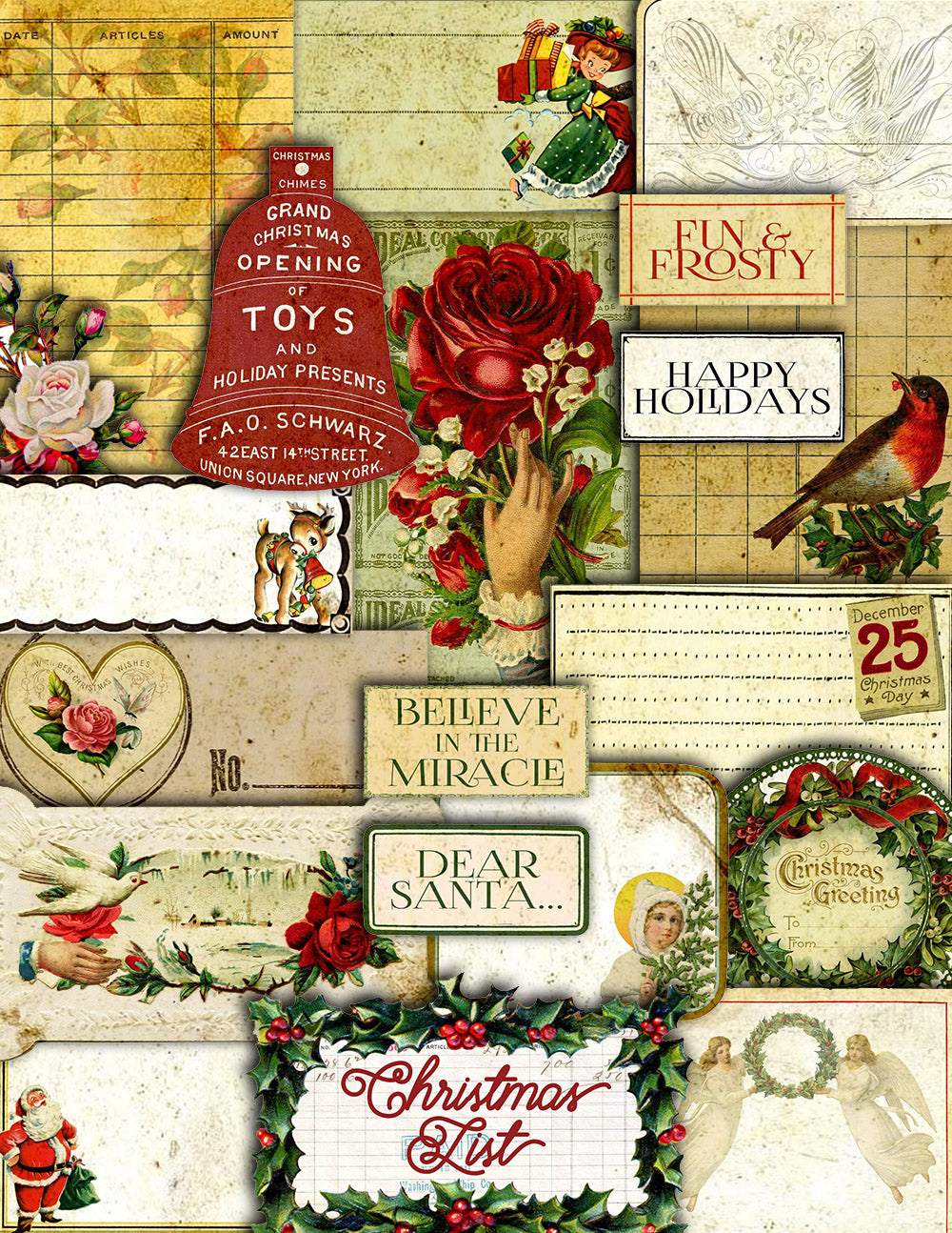 Christmas Junk Journal - 32 journaling pages - Christmas List, lined journal pages, grungy pages digital, xmas clipart, junk journal kit