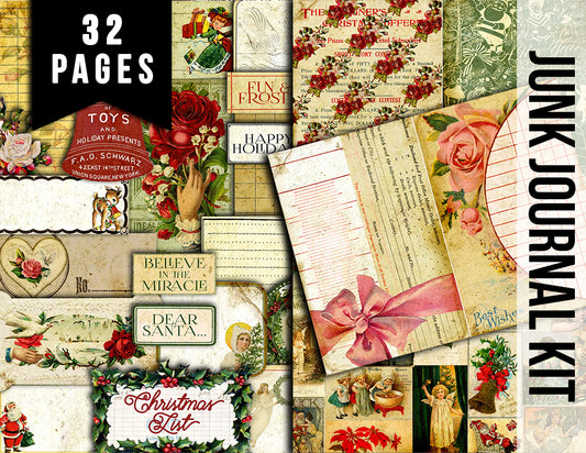 Christmas Junk Journal - 32 journaling pages - Christmas List, lined journal pages, grungy pages digital, xmas clipart, junk journal kit