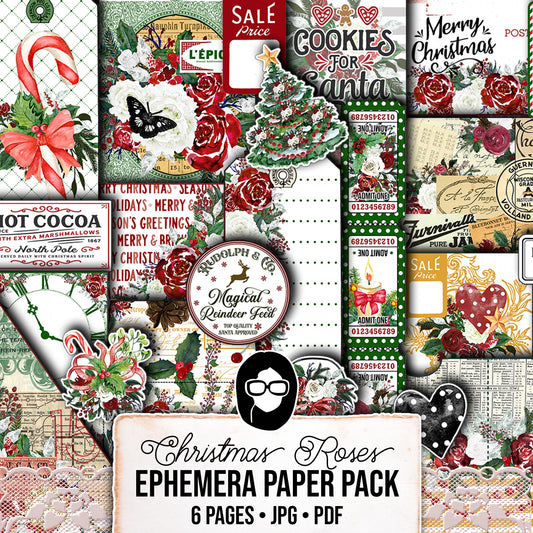 Christmas Printables, Ephemera Fussy Cuts -6pg Digital Download- Junk Journal DIY Kit, Pockets, Envelopes, Labels, Tags, Cards, Titles, Red