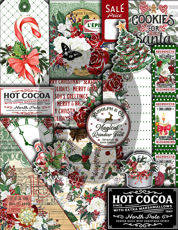 Christmas Printables, Ephemera Fussy Cuts -6pg Digital Download- Junk Journal DIY Kit, Pockets, Envelopes, Labels, Tags, Cards, Titles, Red