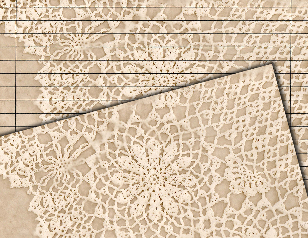 Coffee Dyed Lace Paper, Coffee Stained Digital Paper -20pg Digital Download- Lace Doilies, Junk Journal Pages, Lined Paper, Scrapbook Paper