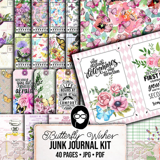 Butterfly Junk Journal Kit, Printable Journal Bundle -40pg Digital Download- Butterflies Digital Paper,Journaling Ephemera,Butterfly Clipart