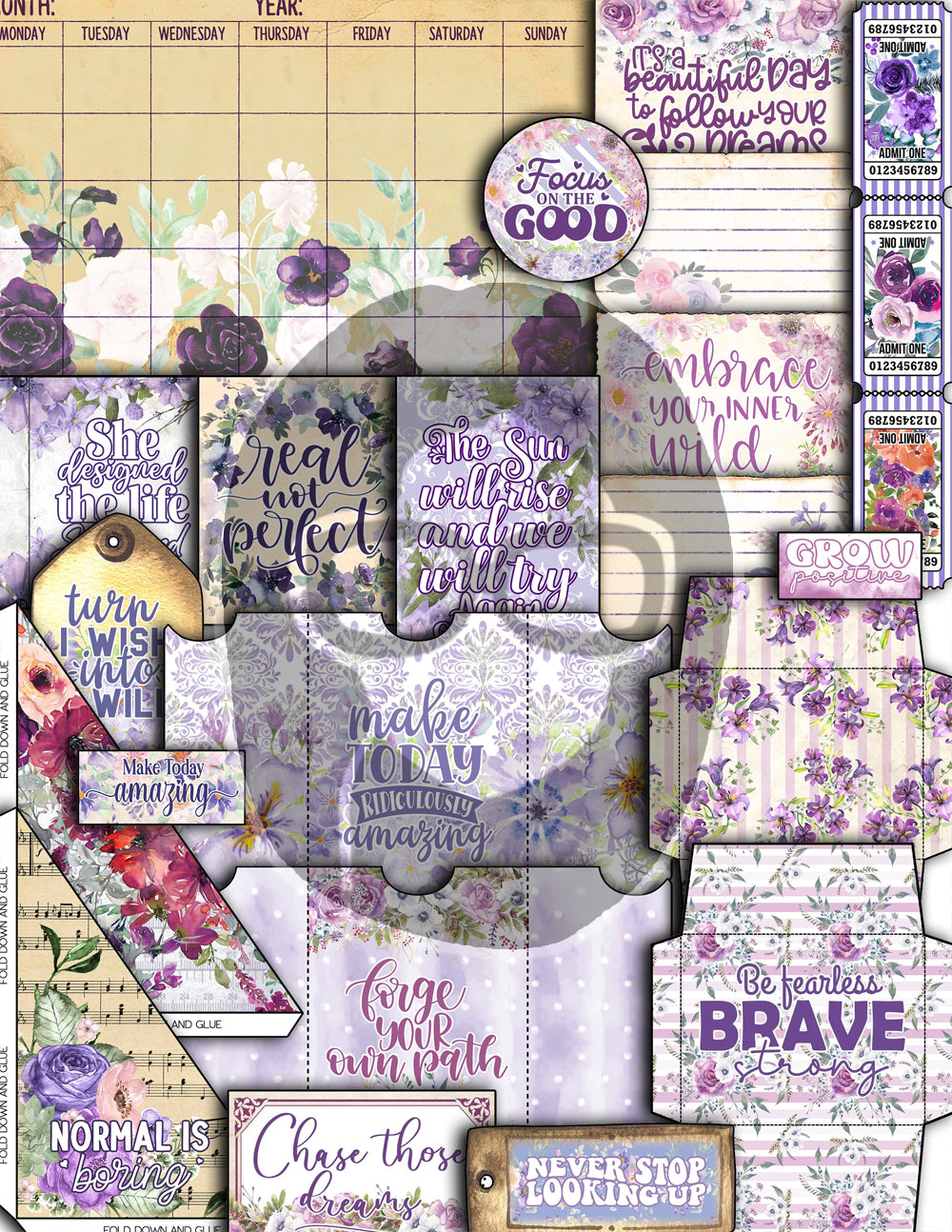 Purple Junk Journal Kit, Printable Journal Bundle -40pg Digital Download- Affirmations Kit, Positive Quotes, Journaling Ephemera, For Women