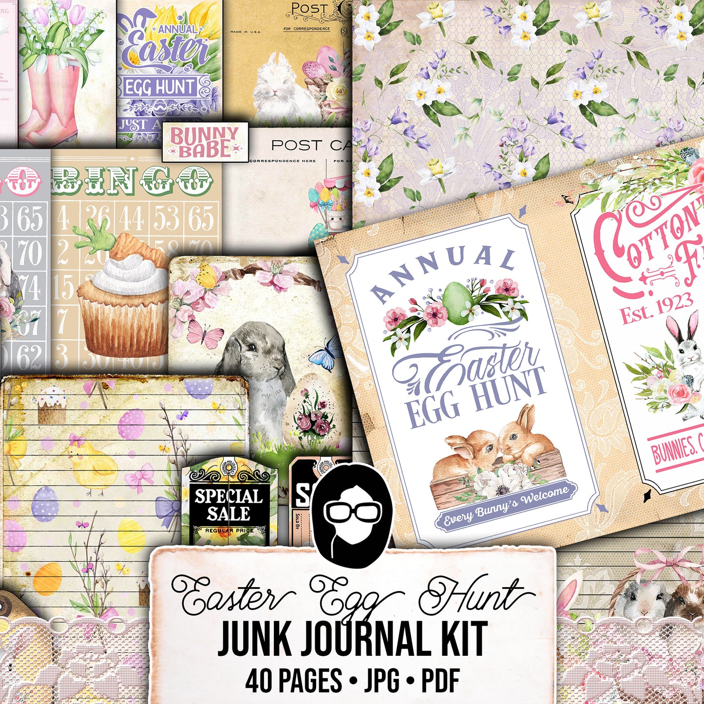 Easter Junk Journal, Spring Journal Kit -40pg Digital Download- Pastel Easter, Lined Journal Pages, Easter Ephemera, Eggs, Rabbit, Quotes