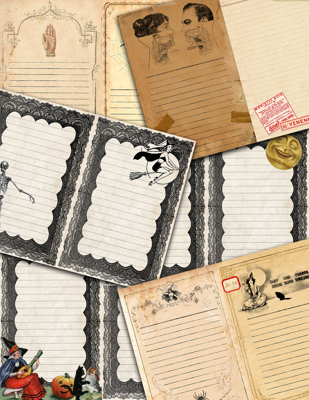 Vintage Retro Halloween, Junk Journal Kit -40pg Digital Download- Ephemera, Journaling Pages, Lined Paper, Tags, Cards, Jars, Witch Journal