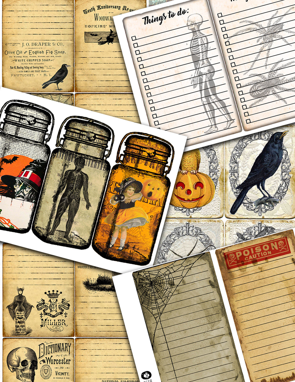 Vintage Retro Halloween, Junk Journal Kit -40pg Digital Download- Ephemera, Journaling Pages, Lined Paper, Tags, Cards, Jars, Witch Journal