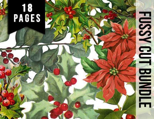 Fussy Cut Christmas Ephemera, Poinsettia Clipart -18pg Digital Download- Red Holly Berries, Paper Crafting Ephemera, Collage Sheets, Vintage