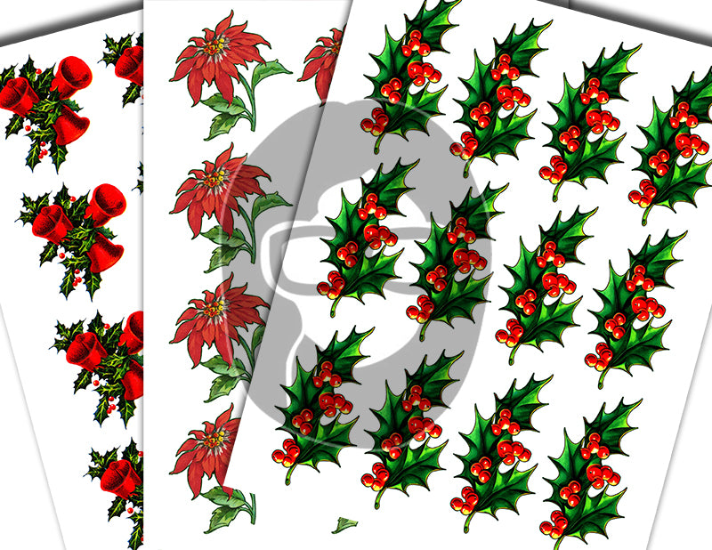 Fussy Cut Christmas Ephemera, Poinsettia Clipart -18pg Digital Download- Red Holly Berries, Paper Crafting Ephemera, Collage Sheets, Vintage