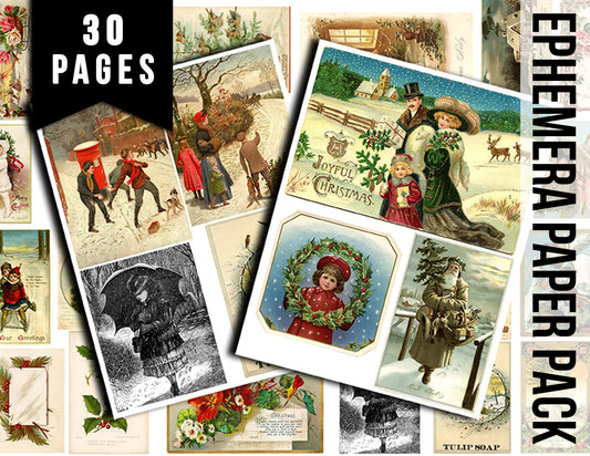 Printable Christmas Ephemera, Junk Journal Pages -30pg Digital Download- Poinsettia bouquet, Retro Santa, Scrapbook Ephemera Pack, Antique