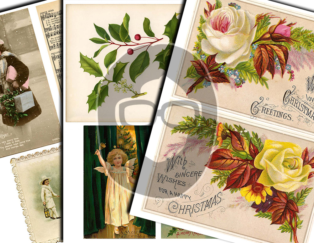 Printable Christmas Ephemera, Junk Journal Pages -30pg Digital Download- Poinsettia bouquet, Retro Santa, Scrapbook Ephemera Pack, Antique