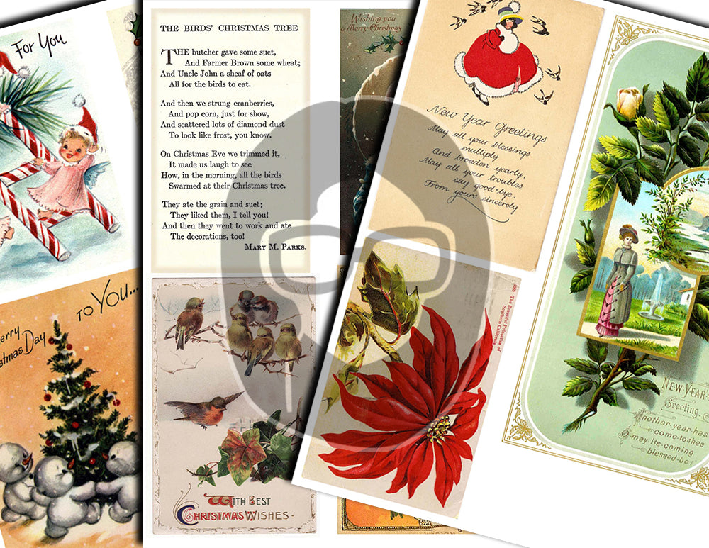 Printable Christmas Ephemera, Junk Journal Pages -30pg Digital Download- Poinsettia bouquet, Retro Santa, Scrapbook Ephemera Pack, Antique