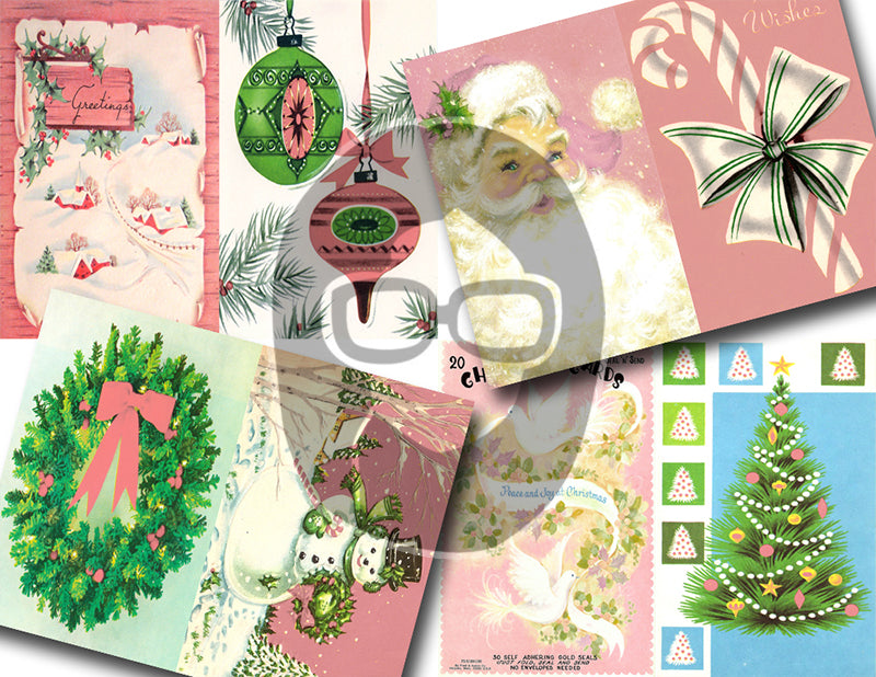 Pink Retro Christmas Vintage Ephemera Set #95 - 30 Pg download - xmas digital download, holiday Santa printable, junk journal kit