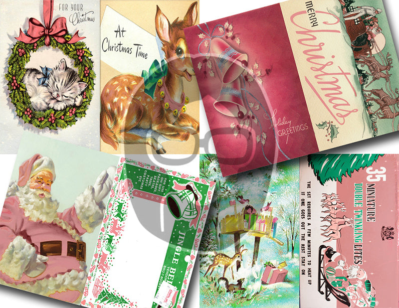 Pink Retro Christmas Vintage Ephemera Set #95 - 30 Pg download - xmas digital download, holiday Santa printable, junk journal kit