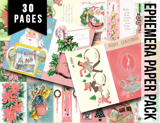 Pink Retro Christmas Vintage Ephemera Set #95 - 30 Pg download - xmas digital download, holiday Santa printable, junk journal kit