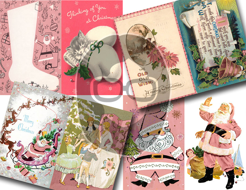 Pink Retro Christmas Vintage Ephemera Set #96 - 30 Pg download - xmas digital download, holiday Santa printable, junk journal kit
