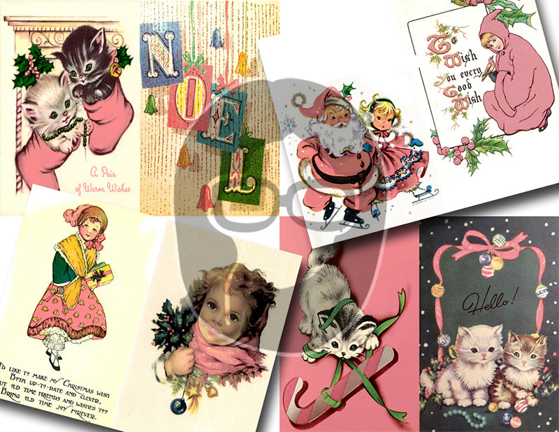 Pink Retro Christmas Vintage Ephemera Set #96 - 30 Pg download - xmas digital download, holiday Santa printable, junk journal kit