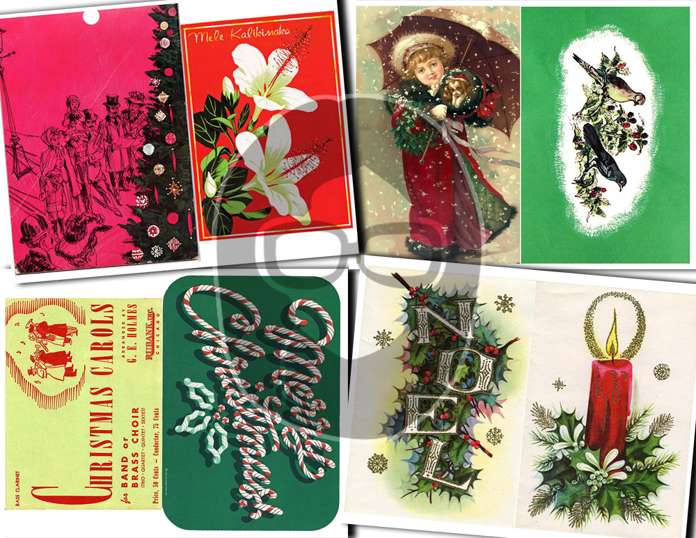 Printable Christmas Ephemera, Junk Journal Pages -30pg Digital Download- Poinsettia bouquet, Retro Santa, Scrapbook Ephemera Pack, Antique
