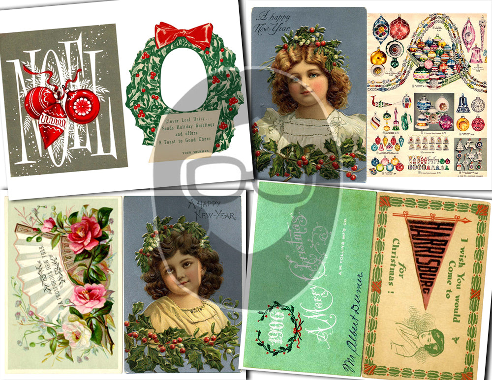 Printable Christmas Ephemera, Junk Journal Pages -30pg Digital Download- Poinsettia bouquet, Retro Santa, Scrapbook Ephemera Pack, Antique