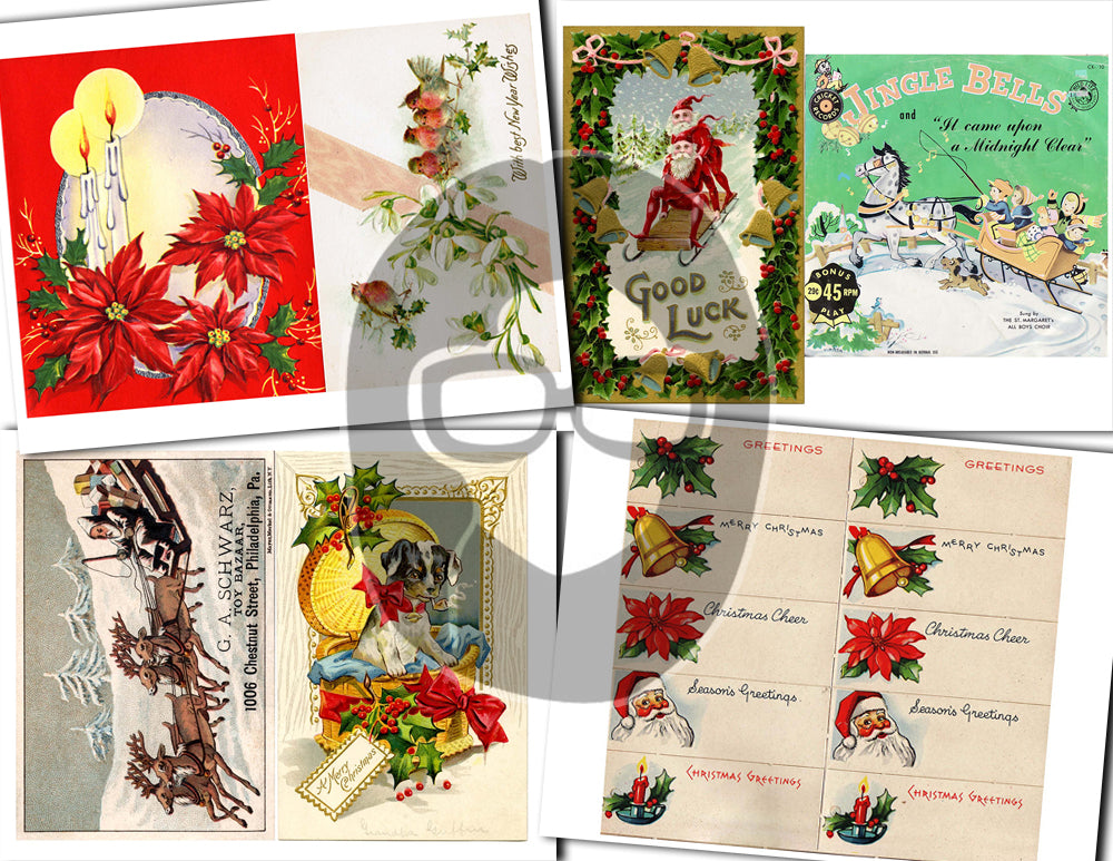 Printable Christmas Ephemera, Junk Journal Pages -30pg Digital Download- Poinsettia bouquet, Retro Santa, Scrapbook Ephemera Pack, Antique