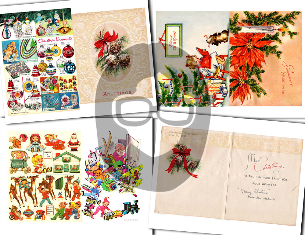 Printable Christmas Ephemera, Junk Journal Pages -30pg Digital Download- Poinsettia bouquet, Retro Santa, Scrapbook Ephemera Pack, Antique