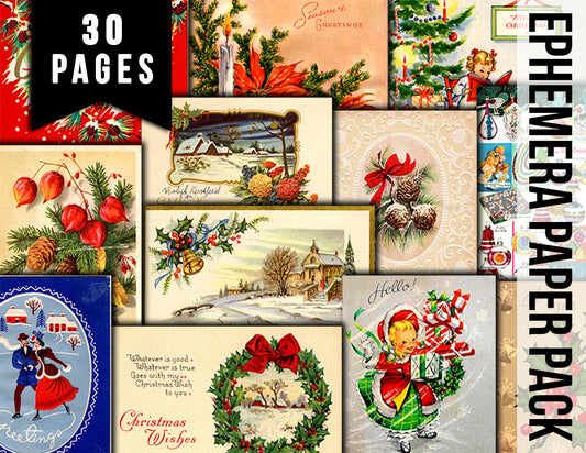 Printable Christmas Ephemera, Junk Journal Pages -30pg Digital Download- Poinsettia bouquet, Retro Santa, Scrapbook Ephemera Pack, Antique