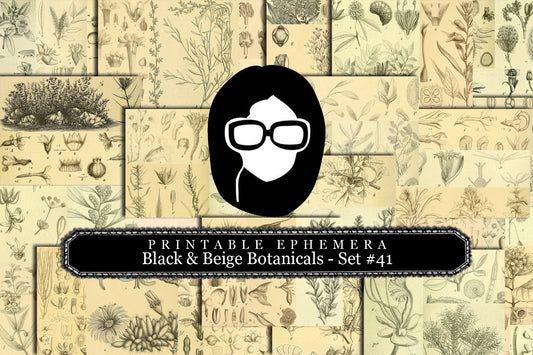 Ephemera Pack - Printable Ephemera Set #41 - Black & Beige Botanicals - 30 Page Instant Download, journaling kit, journal pages