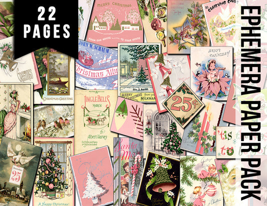 Pink Christmas, Junk Journal Ephemera -22 Pg Digital Download- Printable Holiday Cards, Ephemera Paper Pack, Retro Xmas, Pastel Shabby chic