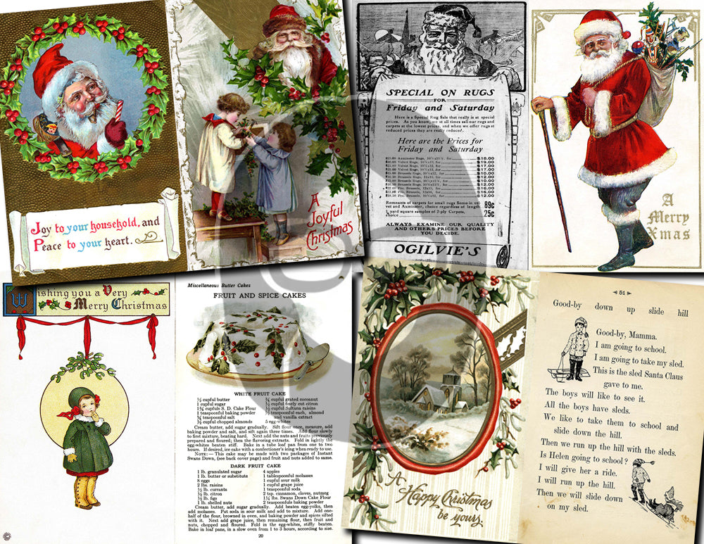 Printable Christmas Ephemera, Junk Journal Pages -30pg Digital Download- Poinsettia bouquet, Retro Santa, Scrapbook Ephemera Pack, Antique