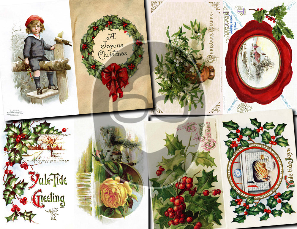 Printable Christmas Ephemera, Junk Journal Pages -30pg Digital Download- Poinsettia bouquet, Retro Santa, Scrapbook Ephemera Pack, Antique