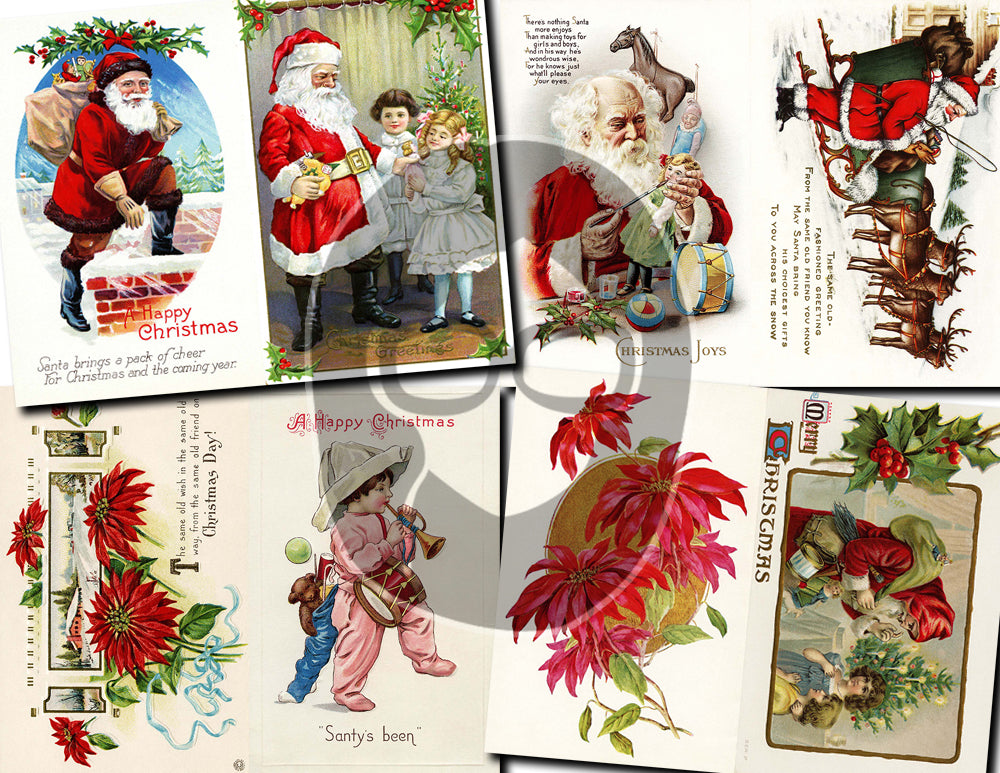 Printable Christmas Ephemera, Junk Journal Pages -30pg Digital Download- Poinsettia bouquet, Retro Santa, Scrapbook Ephemera Pack, Antique