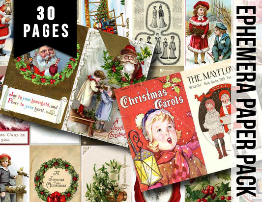 Printable Christmas Ephemera, Junk Journal Pages -30pg Digital Download- Poinsettia bouquet, Retro Santa, Scrapbook Ephemera Pack, Antique