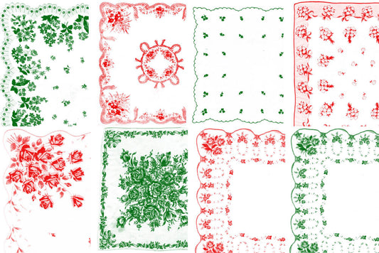 Vintage Christmas Red Green Handkerchiefs Hankies -Printable Ephemera Set #90- 20 Pg Instant Download - Holiday digital junk journal kit