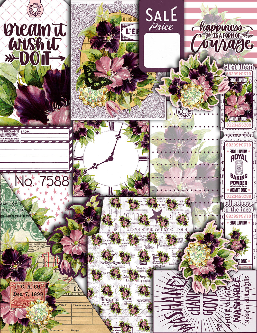 Purple Junk Journal Kit - Florid Fancy - 27 Pg Instant Download - digital floral paper, lined diary journaling pages, planner pages, to do