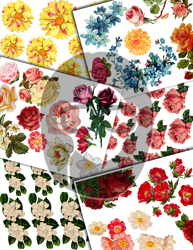 Fussy Cut Flowers, Pink Roses -42pg Digital Download- Junk Journal Kit, Spring Floral Clipart, Flower Bouquet, Vintage Clip Art, Red Roses