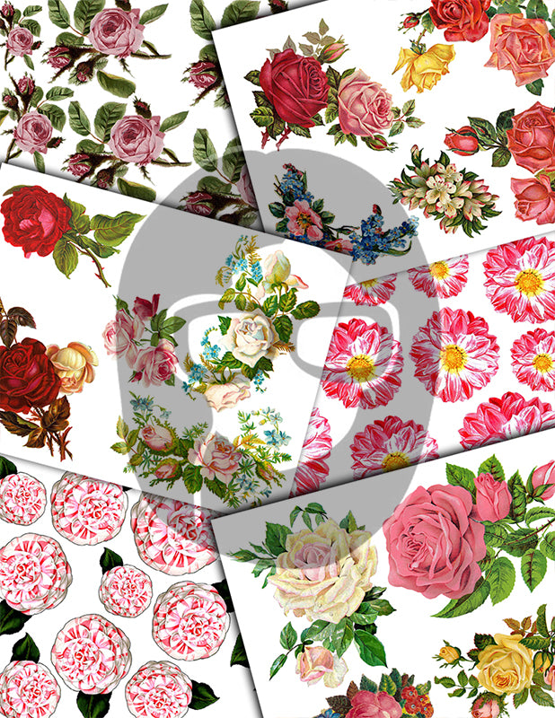 Fussy Cut Flowers, Pink Roses -42pg Digital Download- Junk Journal Kit, Spring Floral Clipart, Flower Bouquet, Vintage Clip Art, Red Roses
