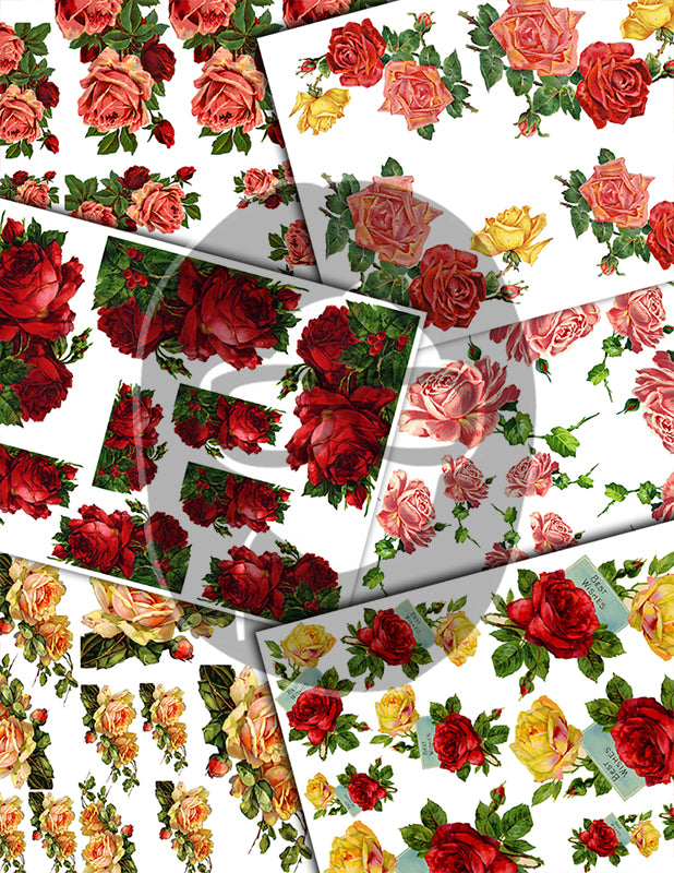 Fussy Cut Flowers, Pink Roses -43pg Digital Download- Junk Journal Kit, Spring Floral Clipart, Flower Bouquet, Vintage Clip Art, Red Roses