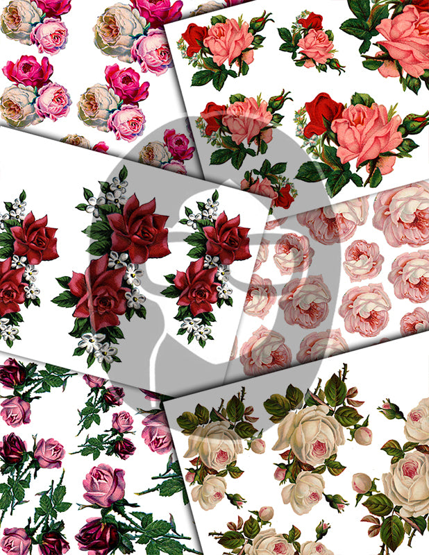 Fussy Cut Flowers, Pink Roses -43pg Digital Download- Junk Journal Kit, Spring Floral Clipart, Flower Bouquet, Vintage Clip Art, Red Roses